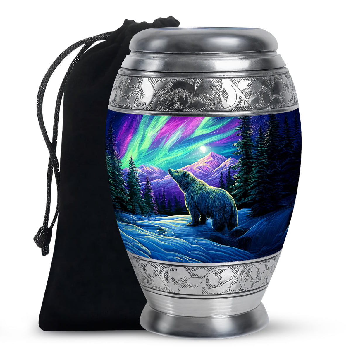 Bright Blue Bear Cremation Urn back view with polished surface - royal bear engraving with decorative scrollwork - full-size 10 inch 200 cubic inch adult cremation urn