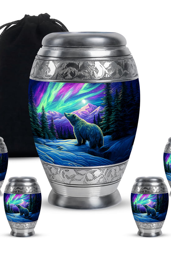 Dusty Blue Bear Cremation Urn detail view - regal bear design with crown-inspired accents - memorial set with one large and four small urns