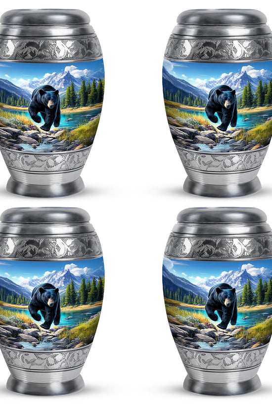 Steel Blue Bear Cremation Urn urn with complimentary velvet bag - majestic bear pattern with filigree border - 10 inch aluminum urn for cremated remains