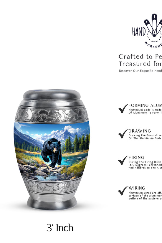 Slate Blue Bear Cremation Urn lifestyle display on memorial shelf - ornate monarch-style bear relief on brushed aluminum - mini keepsake memorial for portion of cremation ashes