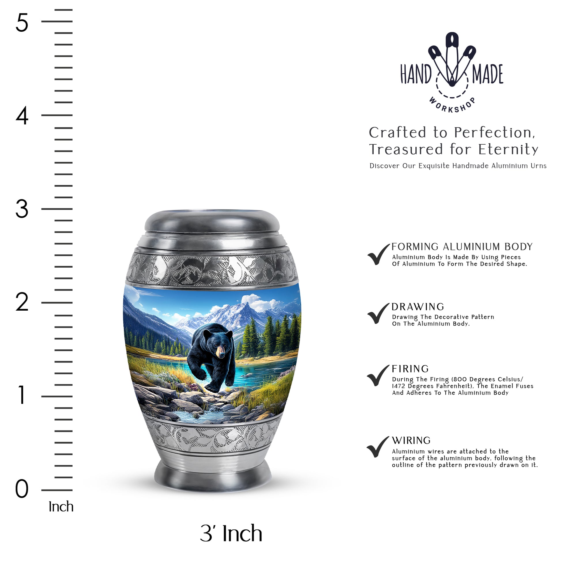 Slate Blue Bear Cremation Urn lifestyle display on memorial shelf - ornate monarch-style bear relief on brushed aluminum - mini keepsake memorial for portion of cremation ashes