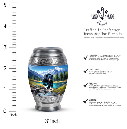 Slate Blue Bear Cremation Urn lifestyle display on memorial shelf - ornate monarch-style bear relief on brushed aluminum - mini keepsake memorial for portion of cremation ashes