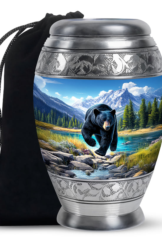 Azure Bear Cremation Urn back view with polished surface - regal bear design with crown-inspired accents - full-size 10 inch 200 cubic inch adult cremation urn