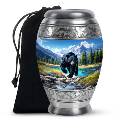 Azure Bear Cremation Urn back view with polished surface - regal bear design with crown-inspired accents - full-size 10 inch 200 cubic inch adult cremation urn