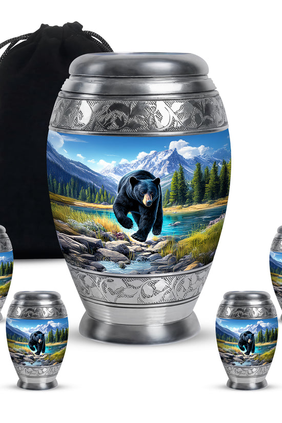 Dusty Blue Bear Cremation Urn detail view - regal bear design with crown-inspired accents - memorial set with one large and four small urns