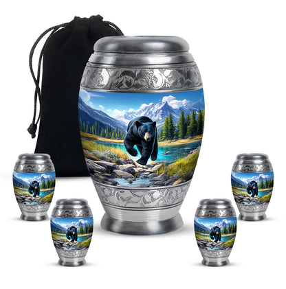 Dusty Blue Bear Cremation Urn detail view - regal bear design with crown-inspired accents - memorial set with one large and four small urns