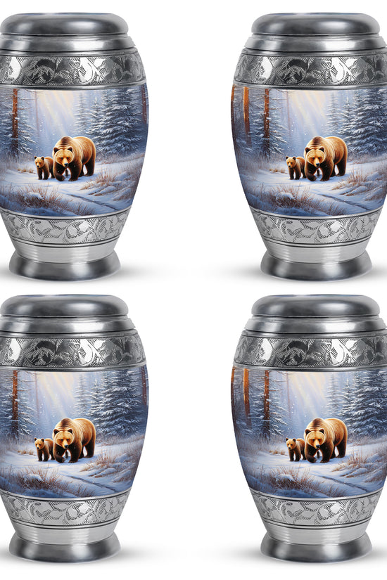 Polished Silver Bear Cremation Urn urn with complimentary velvet bag - majestic bear pattern with filigree border - 10 inch aluminum urn for cremated remains