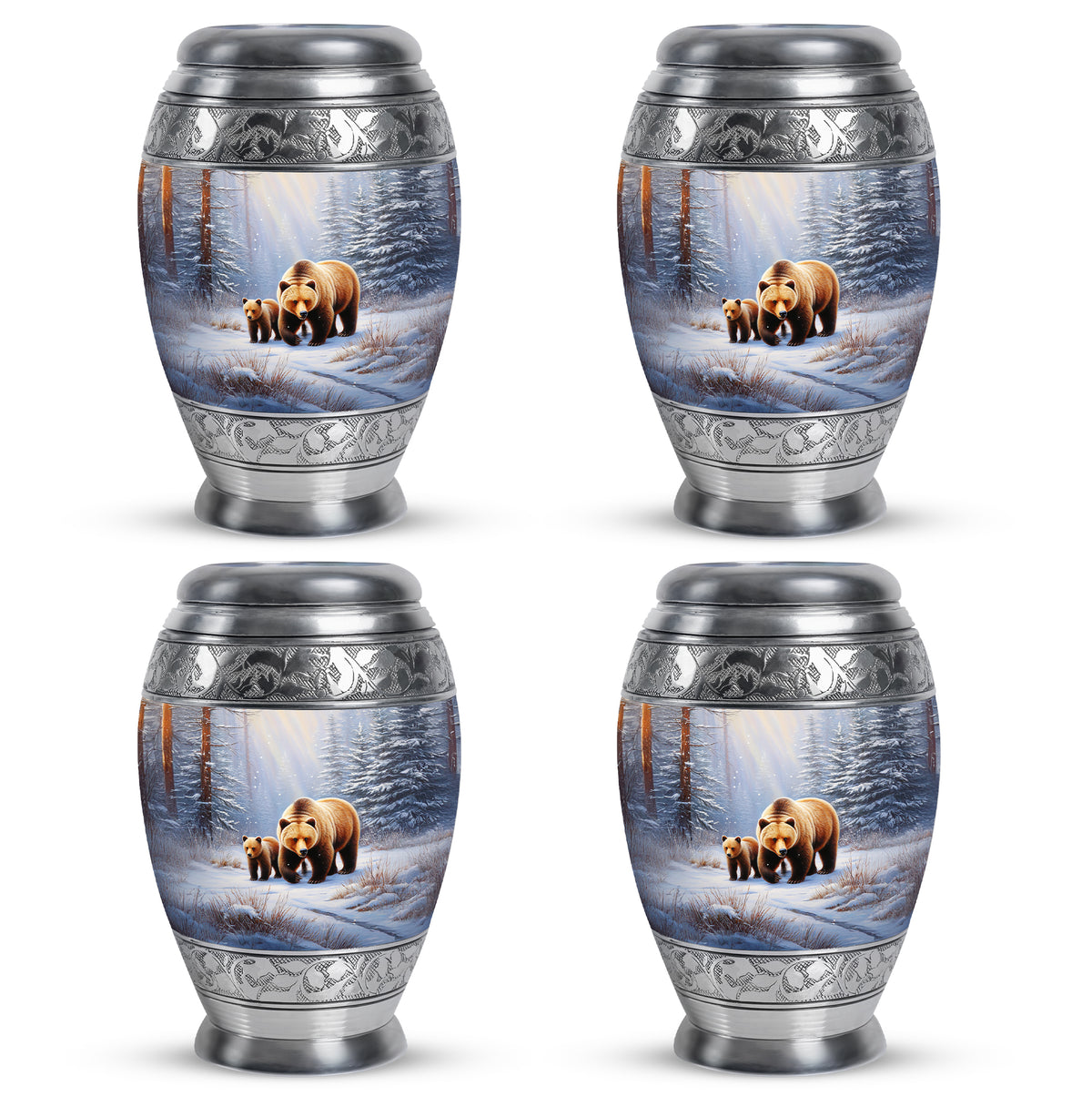 Polished Silver Bear Cremation Urn urn with complimentary velvet bag - majestic bear pattern with filigree border - 10 inch aluminum urn for cremated remains