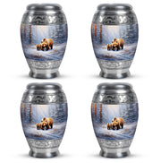 Polished Silver Bear Cremation Urn urn with complimentary velvet bag - majestic bear pattern with filigree border - 10 inch aluminum urn for cremated remains