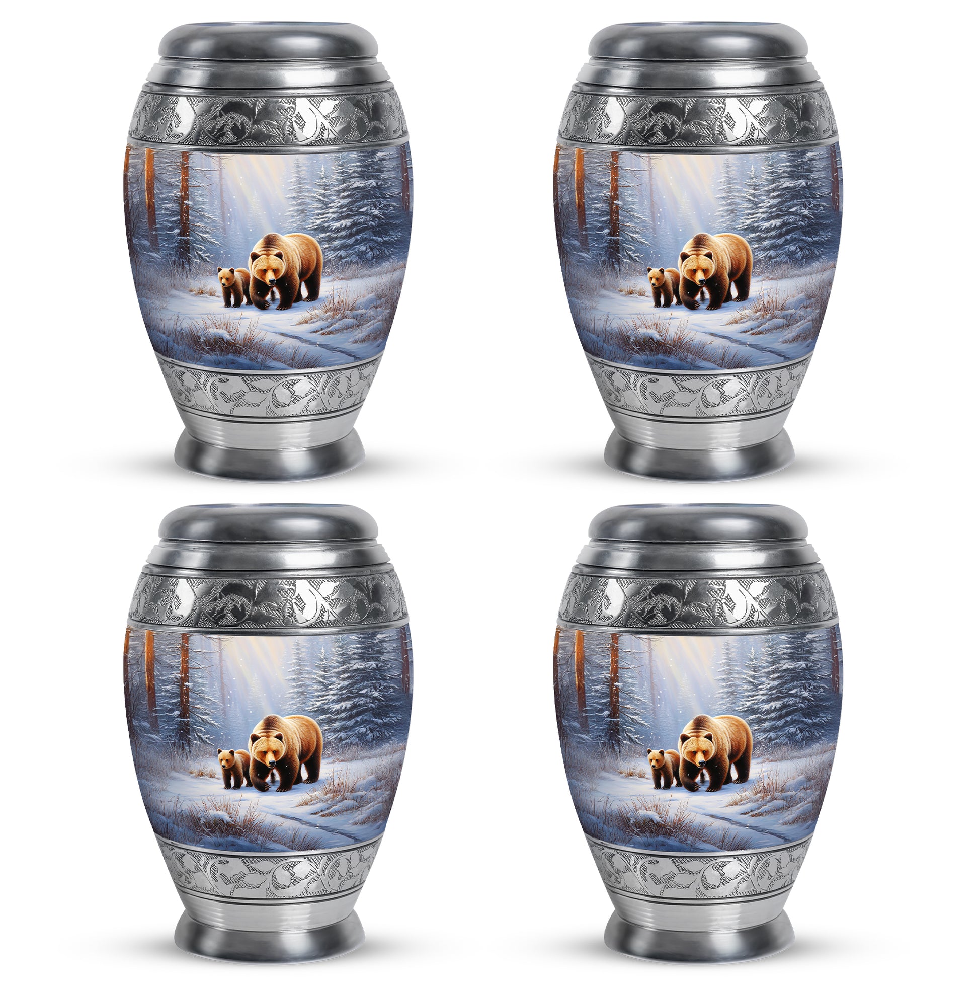 Polished Silver Bear Cremation Urn urn with complimentary velvet bag - majestic bear pattern with filigree border - 10 inch aluminum urn for cremated remains