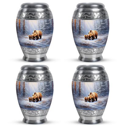 Polished Silver Bear Cremation Urn urn with complimentary velvet bag - majestic bear pattern with filigree border - 10 inch aluminum urn for cremated remains