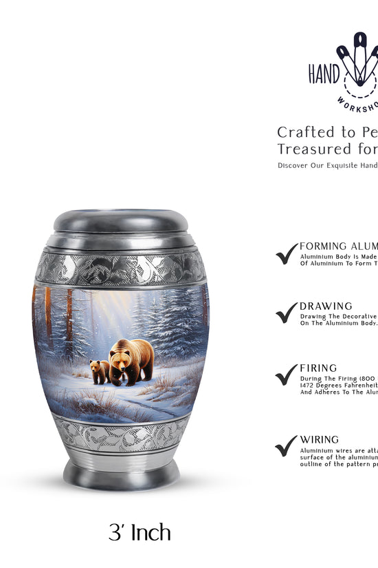 Frosted Silver Bear Cremation Urn lifestyle display on memorial shelf - royal bear engraving with decorative scrollwork - mini keepsake memorial for portion of cremation ashes