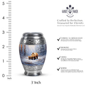Frosted Silver Bear Cremation Urn lifestyle display on memorial shelf - royal bear engraving with decorative scrollwork - mini keepsake memorial for portion of cremation ashes