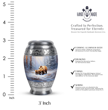 Frosted Silver Bear Cremation Urn lifestyle display on memorial shelf - royal bear engraving with decorative scrollwork - mini keepsake memorial for portion of cremation ashes