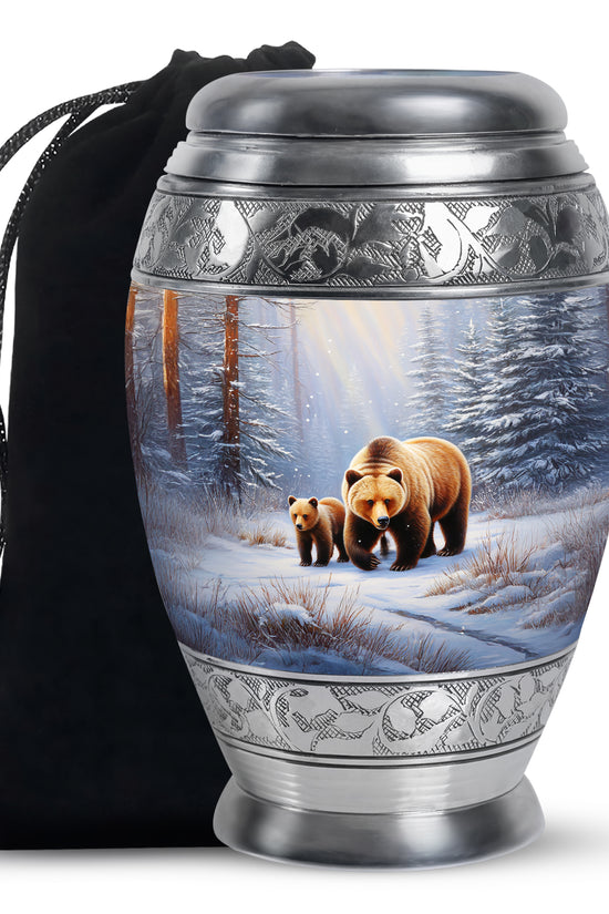 Frosted Silver Bear Cremation Urn back view with polished surface - majestic bear pattern with filigree border - full-size 10 inch 200 cubic inch adult cremation urn