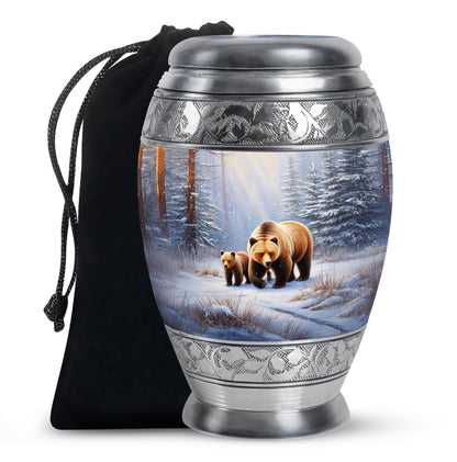 Frosted Silver Bear Cremation Urn back view with polished surface - majestic bear pattern with filigree border - full-size 10 inch 200 cubic inch adult cremation urn