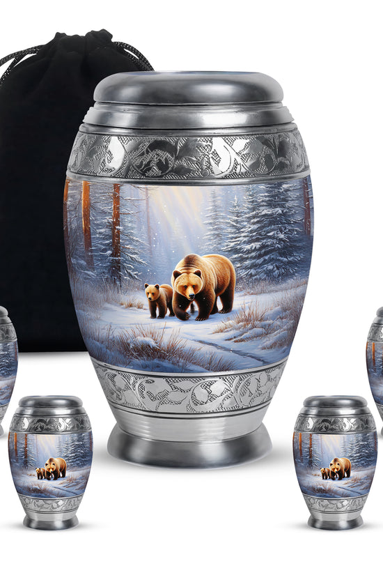 Polished Silver Bear Cremation Urn detail view - royal bear engraving with decorative scrollwork - memorial set with one large and four small urns