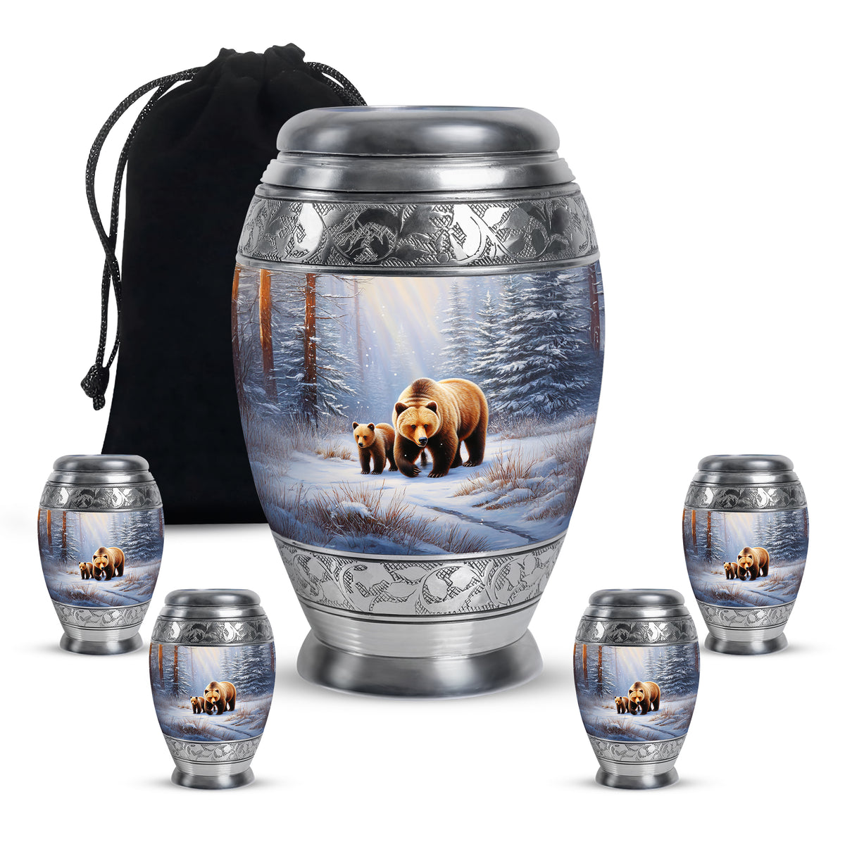 Polished Silver Bear Cremation Urn detail view - royal bear engraving with decorative scrollwork - memorial set with one large and four small urns