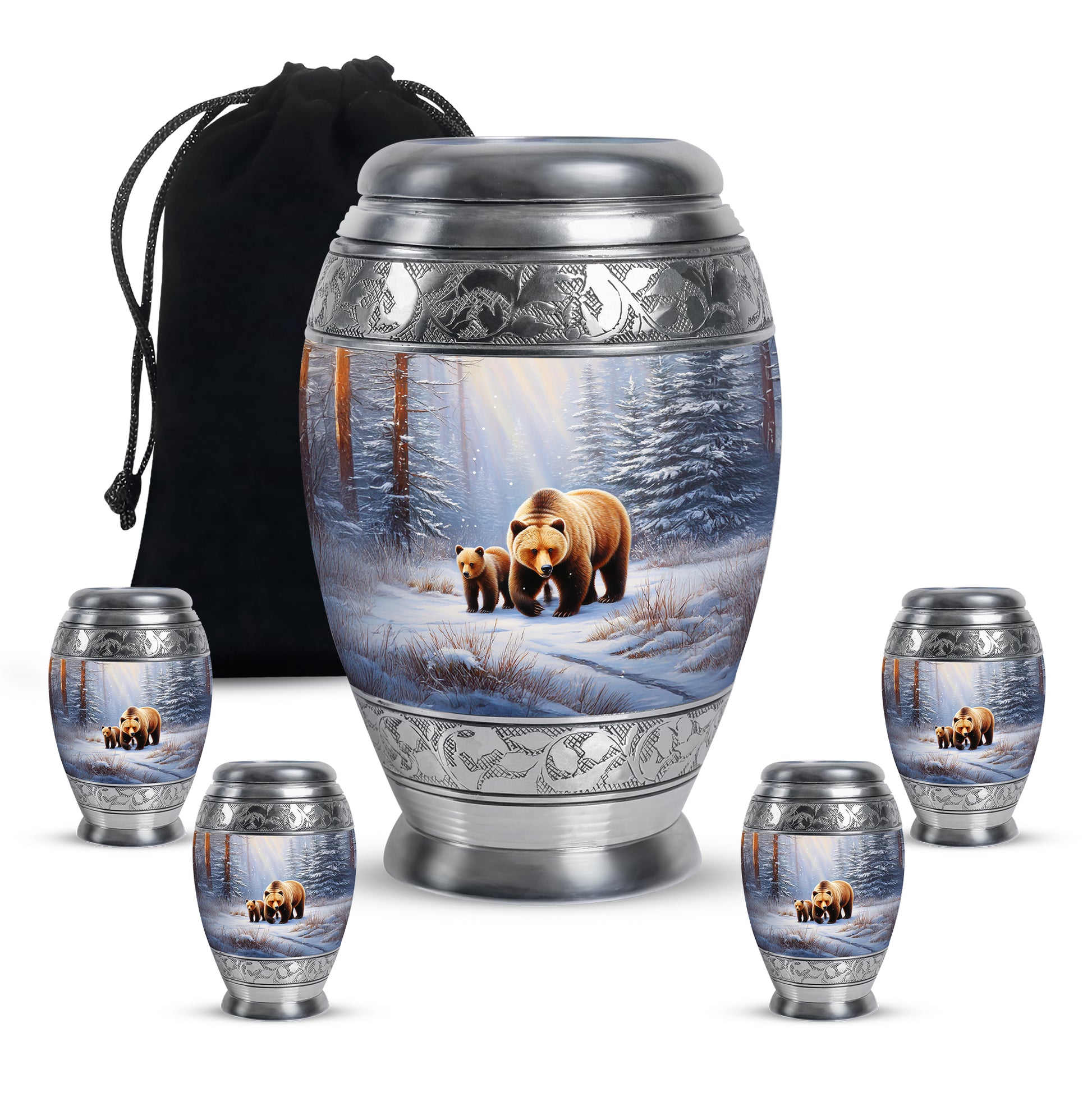 Polished Silver Bear Cremation Urn detail view - royal bear engraving with decorative scrollwork - memorial set with one large and four small urns