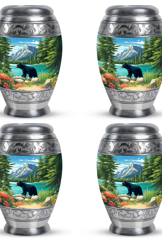 Soft Blue Bear Cremation Urn urn with complimentary velvet bag - royal bear engraving with decorative scrollwork - 10 inch aluminum urn for cremated remains