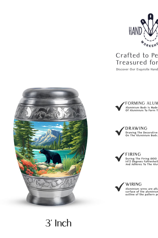 Royal Blue Bear Cremation Urn lifestyle display on memorial shelf - majestic bear pattern with filigree border - mini keepsake memorial for portion of cremation ashes