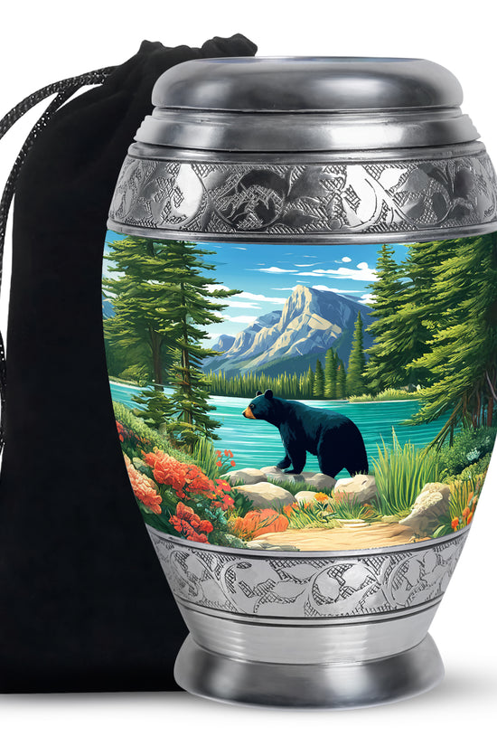 Slate Blue Bear Cremation Urn back view with polished surface - ornate monarch-style bear relief on brushed aluminum - full-size 10 inch 200 cubic inch adult cremation urn