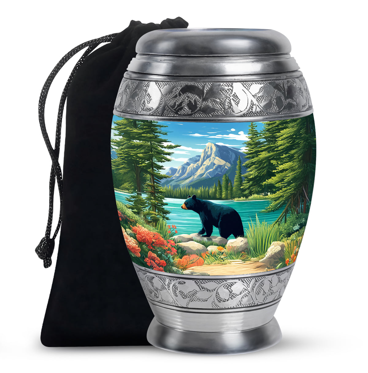 Slate Blue Bear Cremation Urn back view with polished surface - ornate monarch-style bear relief on brushed aluminum - full-size 10 inch 200 cubic inch adult cremation urn