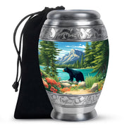 Slate Blue Bear Cremation Urn back view with polished surface - ornate monarch-style bear relief on brushed aluminum - full-size 10 inch 200 cubic inch adult cremation urn
