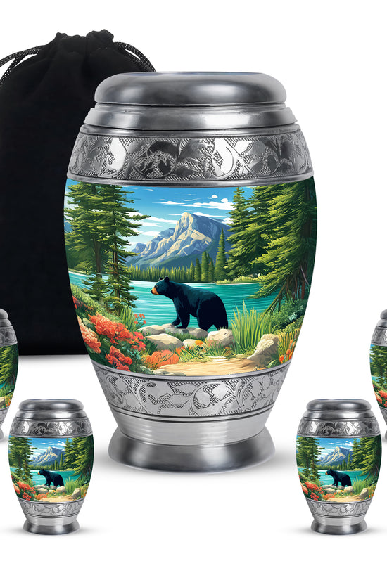 Navy Blue Bear Cremation Urn detail view - regal bear design with crown-inspired accents - memorial set with one large and four small urns