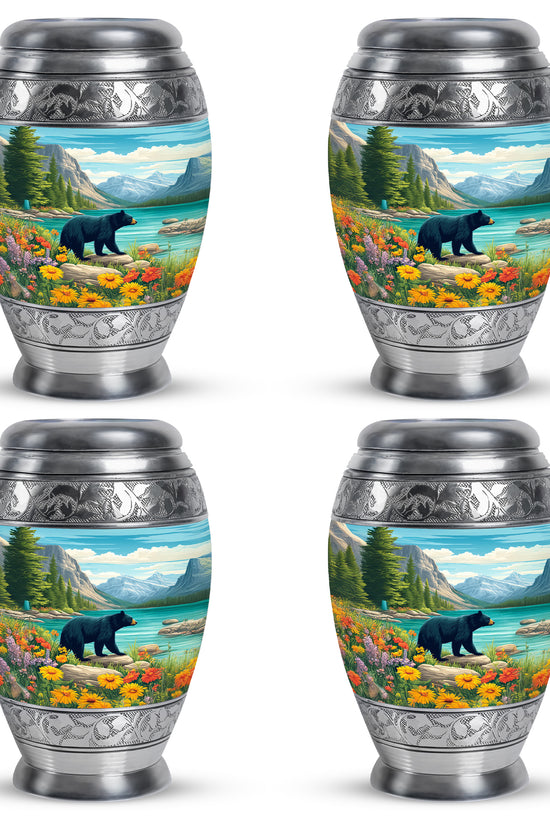 Aqua Teal Bear Cremation Urn urn with complimentary velvet bag - royal bear engraving with decorative scrollwork - 10 inch aluminum urn for cremated remains