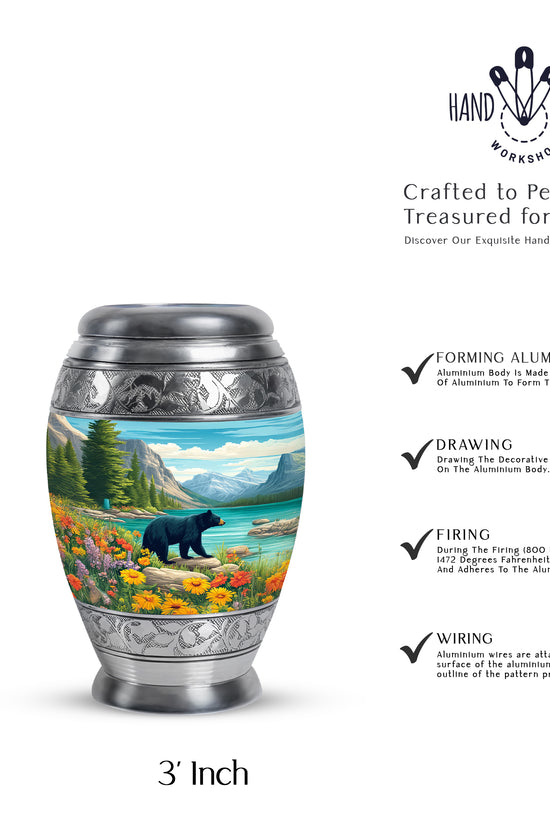 Sea Green Teal Bear Cremation Urn lifestyle display on memorial shelf - regal bear design with crown-inspired accents - mini keepsake memorial for portion of cremation ashes