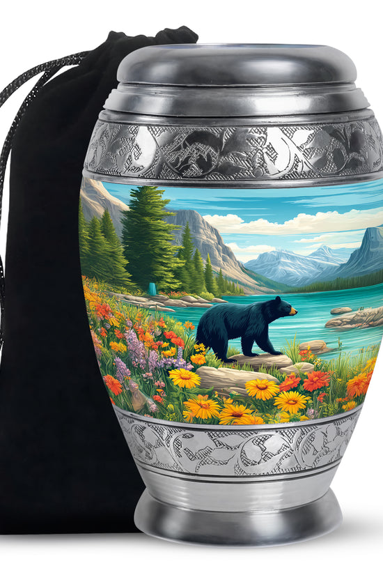 Aqua Teal Bear Cremation Urn back view with polished surface - royal bear engraving with decorative scrollwork - full-size 10 inch 200 cubic inch adult cremation urn