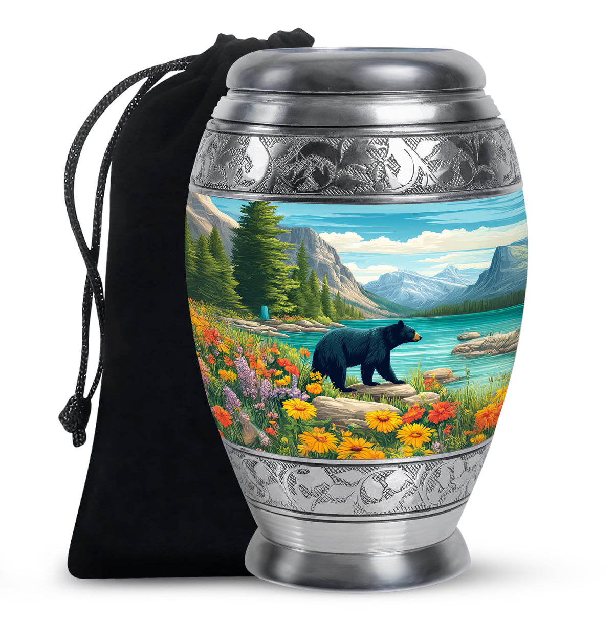 Aqua Teal Bear Cremation Urn back view with polished surface - royal bear engraving with decorative scrollwork - full-size 10 inch 200 cubic inch adult cremation urn