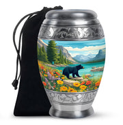 Aqua Teal Bear Cremation Urn back view with polished surface - royal bear engraving with decorative scrollwork - full-size 10 inch 200 cubic inch adult cremation urn