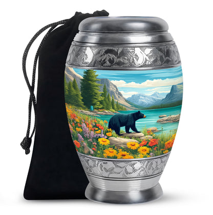 Aqua Teal Bear Cremation Urn back view with polished surface - royal bear engraving with decorative scrollwork - full-size 10 inch 200 cubic inch adult cremation urn