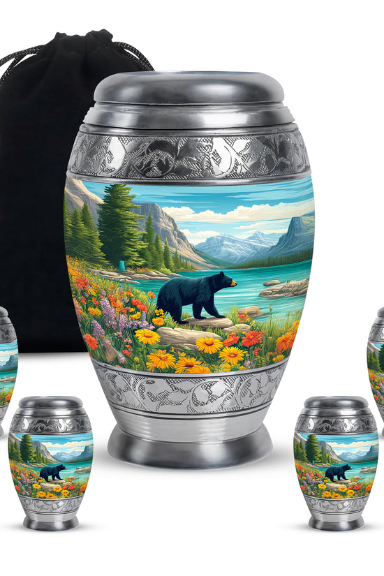 Cool Teal Bear Cremation Urn detail view - regal bear design with crown-inspired accents - memorial set with one large and four small urns