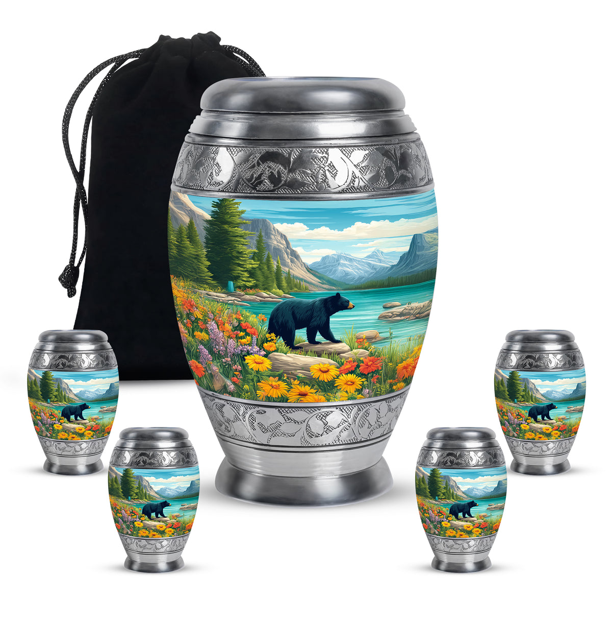 Cool Teal Bear Cremation Urn detail view - regal bear design with crown-inspired accents - memorial set with one large and four small urns