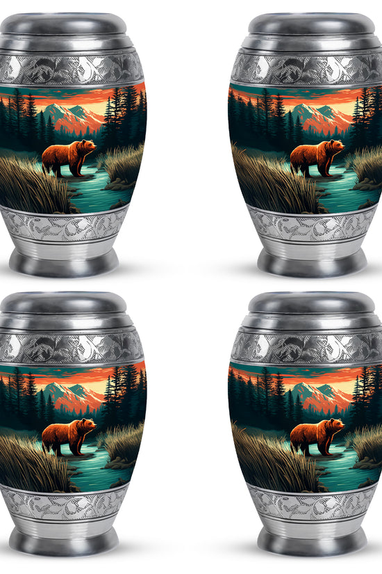 Aqua Teal Bear Cremation Urn urn with complimentary velvet bag - royal bear engraving with decorative scrollwork - 10 inch aluminum urn for cremated remains