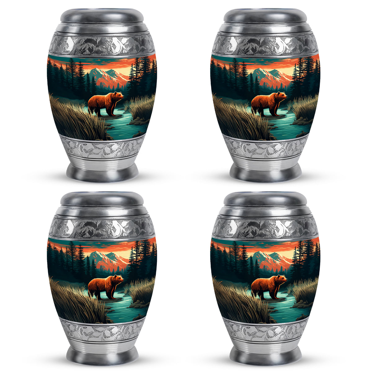Aqua Teal Bear Cremation Urn urn with complimentary velvet bag - royal bear engraving with decorative scrollwork - 10 inch aluminum urn for cremated remains