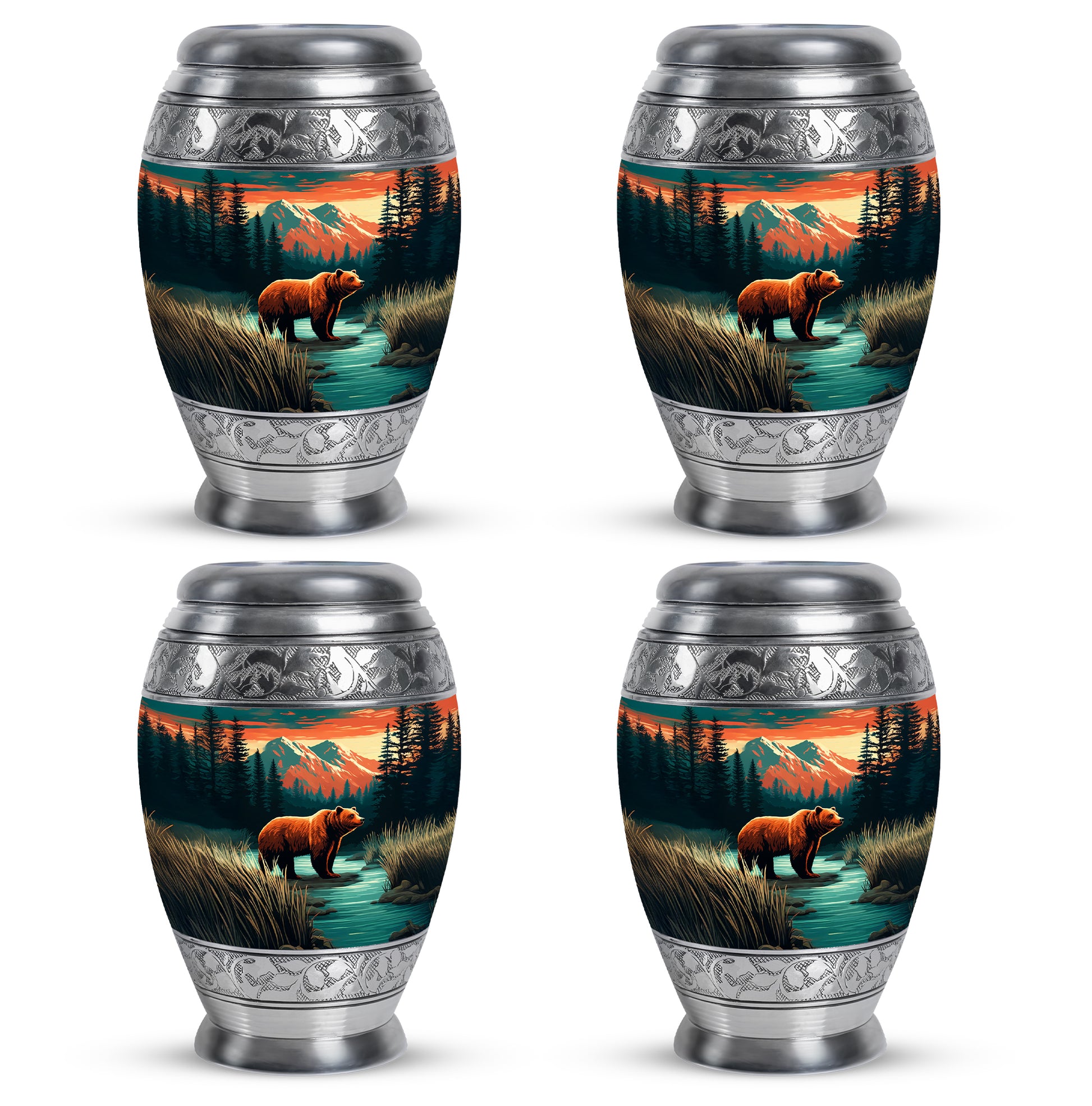 Aqua Teal Bear Cremation Urn urn with complimentary velvet bag - royal bear engraving with decorative scrollwork - 10 inch aluminum urn for cremated remains