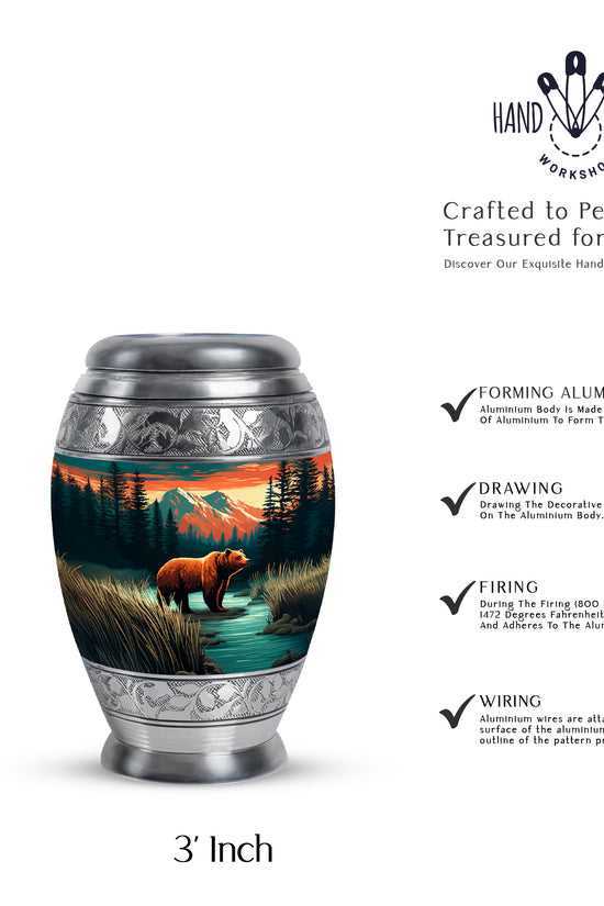 Tropical Teal Bear Cremation Urn lifestyle display on memorial shelf - royal bear engraving with decorative scrollwork - mini keepsake memorial for portion of cremation ashes