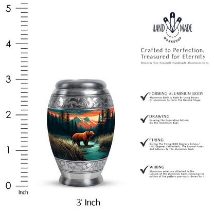 Tropical Teal Bear Cremation Urn lifestyle display on memorial shelf - royal bear engraving with decorative scrollwork - mini keepsake memorial for portion of cremation ashes
