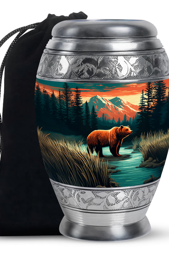 Ocean Teal Bear Cremation Urn back view with polished surface - ornate monarch-style bear relief on brushed aluminum - full-size 10 inch 200 cubic inch adult cremation urn