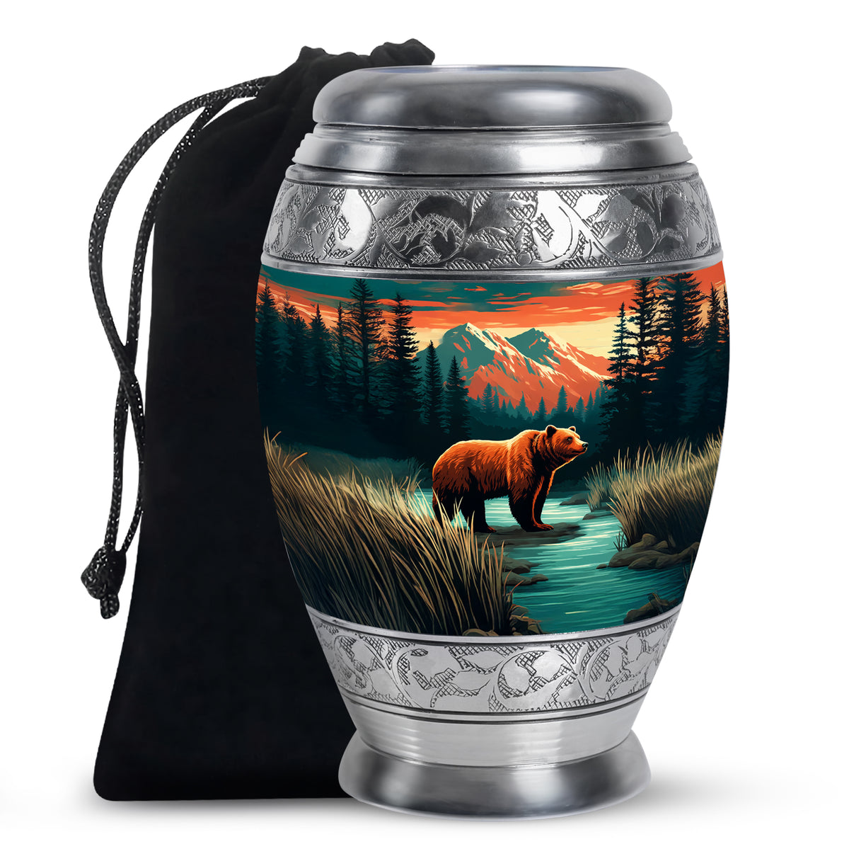 Ocean Teal Bear Cremation Urn back view with polished surface - ornate monarch-style bear relief on brushed aluminum - full-size 10 inch 200 cubic inch adult cremation urn