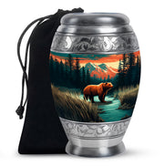 Ocean Teal Bear Cremation Urn back view with polished surface - ornate monarch-style bear relief on brushed aluminum - full-size 10 inch 200 cubic inch adult cremation urn