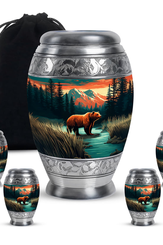 Sea Green Teal Bear Cremation Urn detail view - ornate monarch-style bear relief on brushed aluminum - memorial set with one large and four small urns