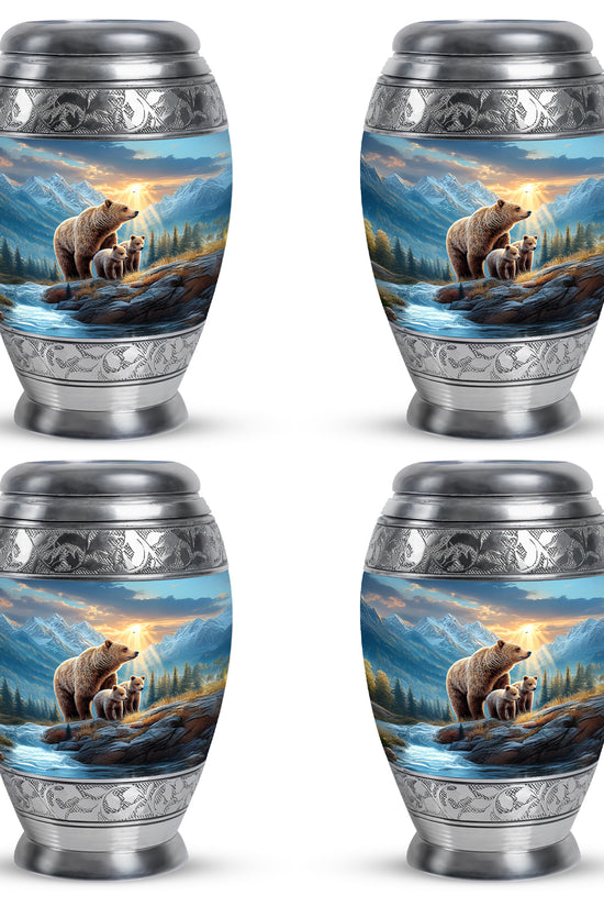 Icy Blue Bear Cremation Urn urn with complimentary velvet bag - ornate monarch-style bear relief on brushed aluminum - 10 inch aluminum urn for cremated remains