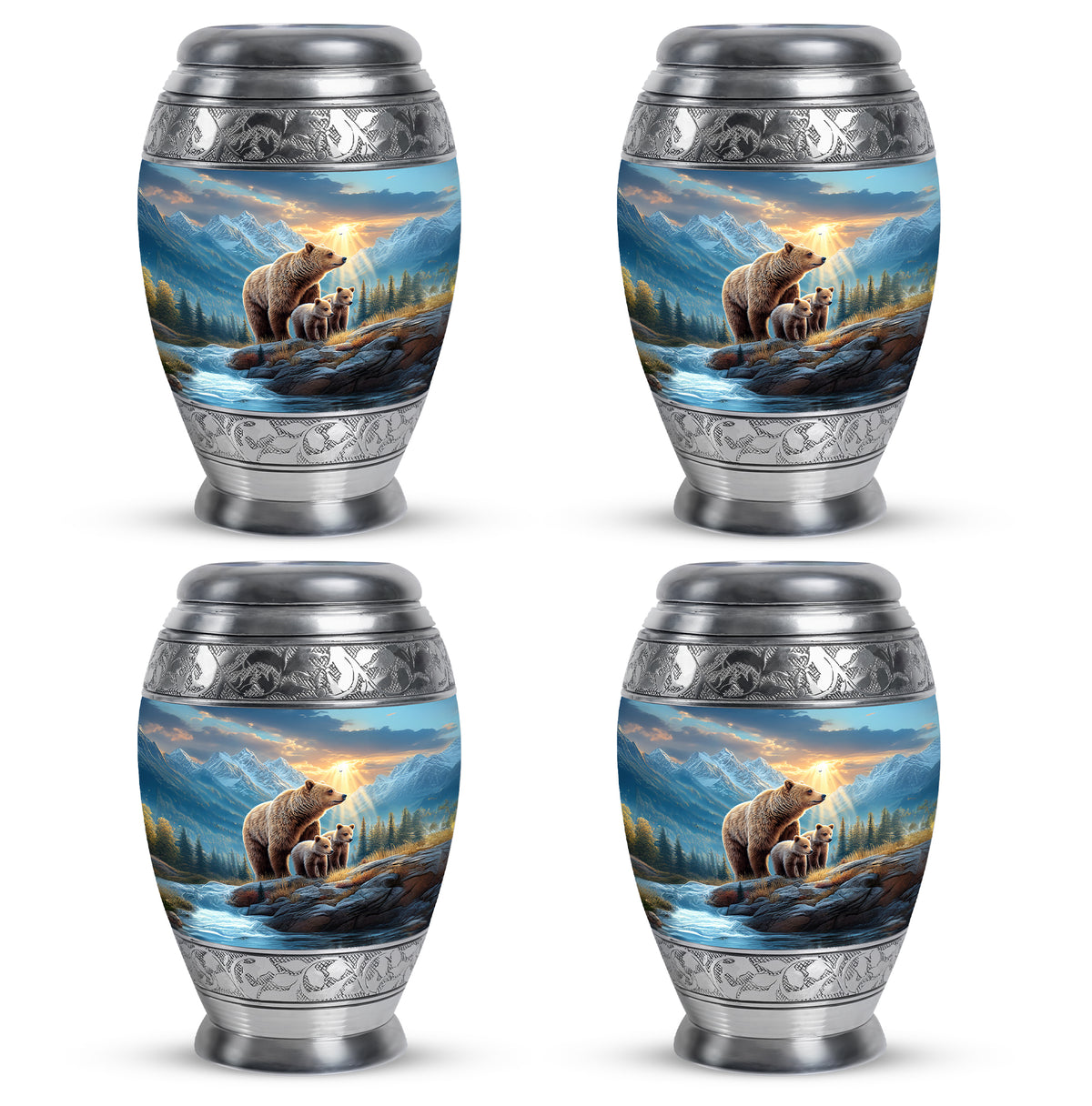Icy Blue Bear Cremation Urn urn with complimentary velvet bag - ornate monarch-style bear relief on brushed aluminum - 10 inch aluminum urn for cremated remains