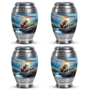 Icy Blue Bear Cremation Urn urn with complimentary velvet bag - ornate monarch-style bear relief on brushed aluminum - 10 inch aluminum urn for cremated remains
