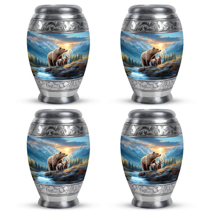 Icy Blue Bear Cremation Urn urn with complimentary velvet bag - ornate monarch-style bear relief on brushed aluminum - 10 inch aluminum urn for cremated remains
